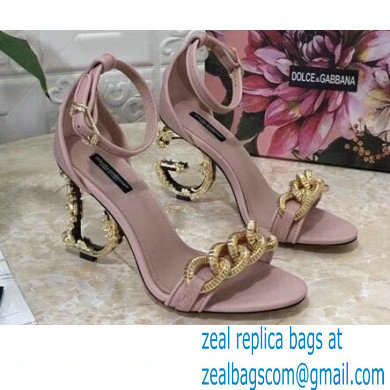 Dolce & Gabbana Heel 10.5cm Leather Chain Sandals Light Pink with Baroque D & G Heel 2021